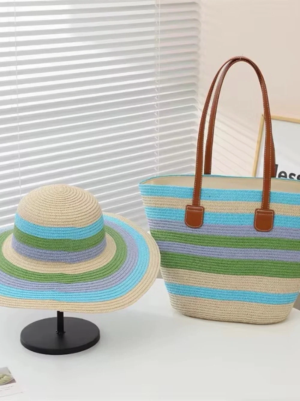 Striped Straw Tote Bag with Blue, Green & Beige Accents